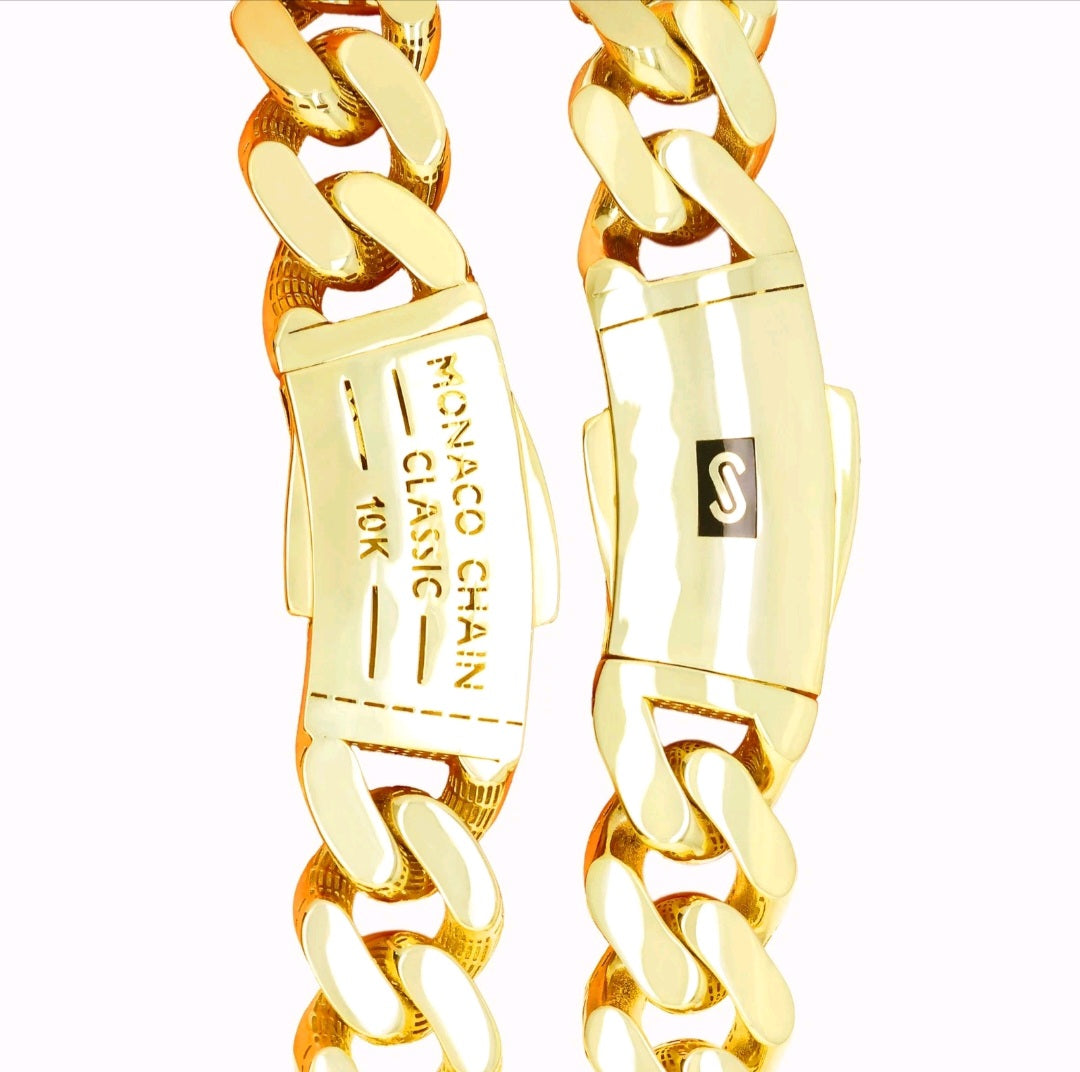 10K Yellow Gold Miami Cuban Royal Monaco Chain 9mm Necklace Bracelet 6"-30"